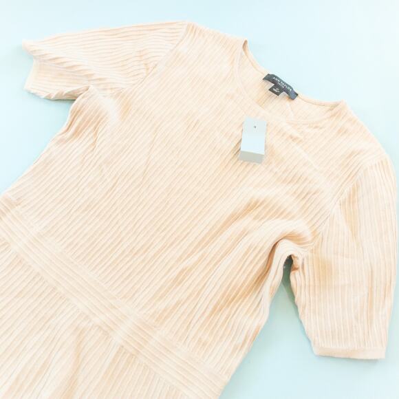 NNEW Ann Taylor Tan Ribbed Basic Academia Short Sleeve Dress Size Medium Petite - Picture 3 of 8